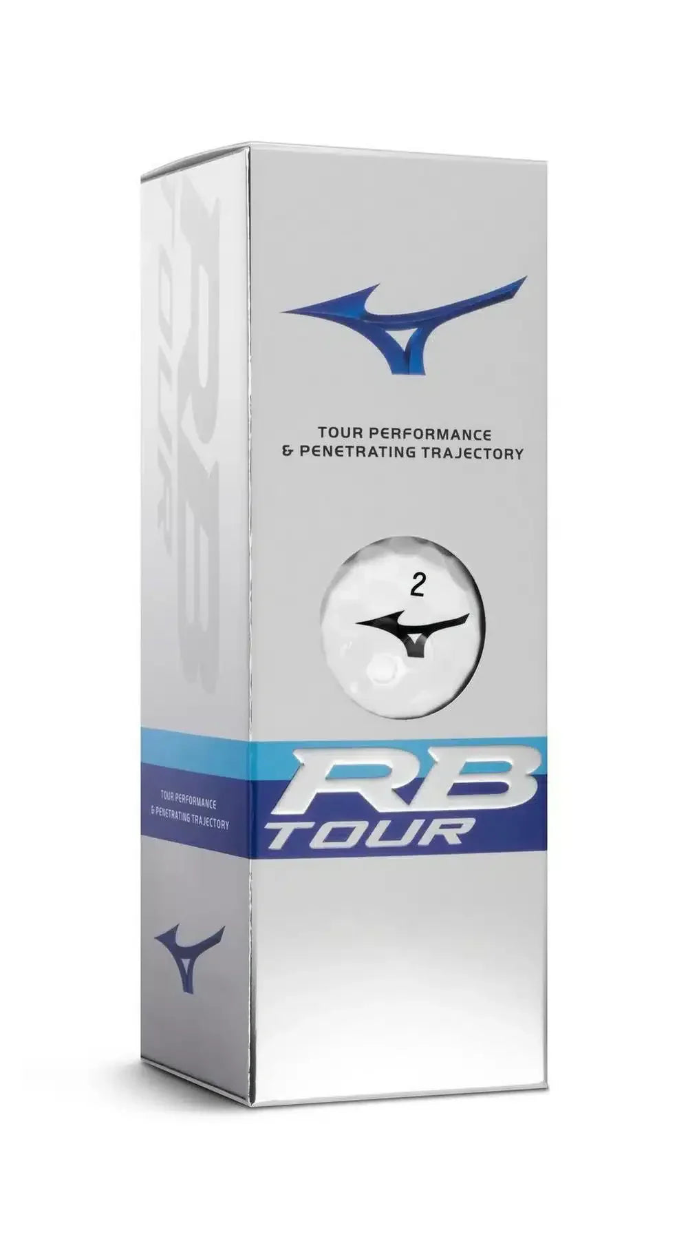 Mizuno rb tour golf ball in white with blue accents and a black number two.