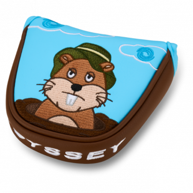 Odyssey putter cover with beaver design, blue background and brown accents.