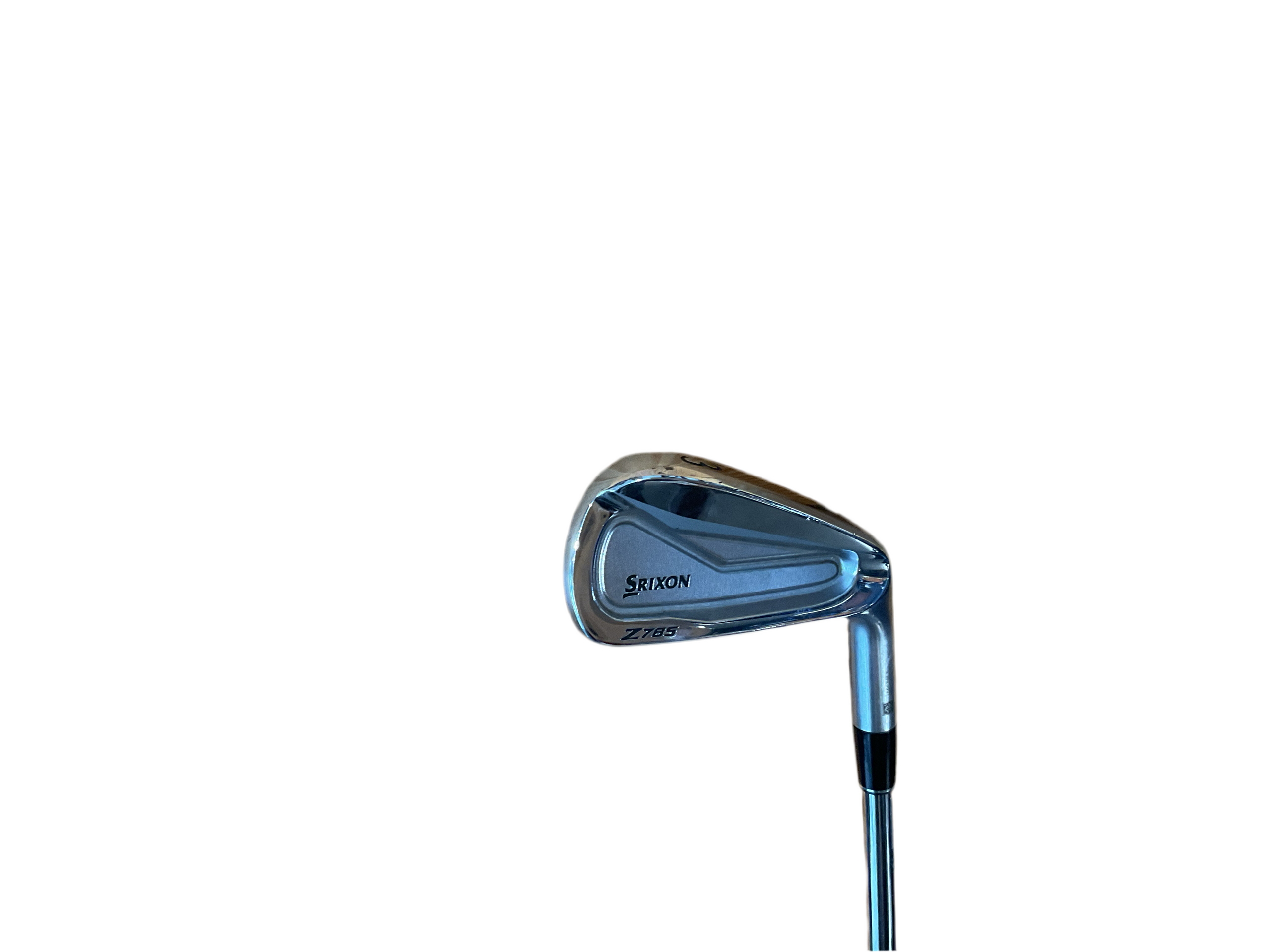 Chrome golf iron with blue shaft and silver head, scotty cameron brand.