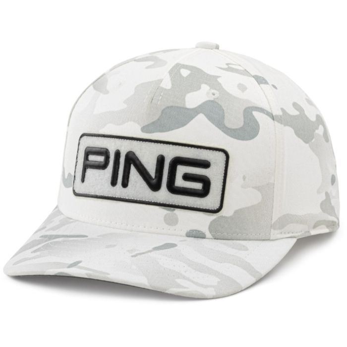 Ping camouflage baseball cap with white and gray pattern, black trim, and logo.