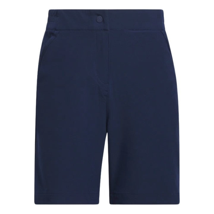 Navy blue golf shorts with a button fly and elastic waistband, likely made of stretch fabric.