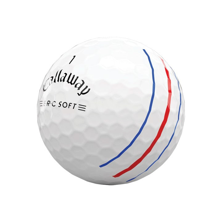Callaway erc soft golf ball with red and blue stripes.