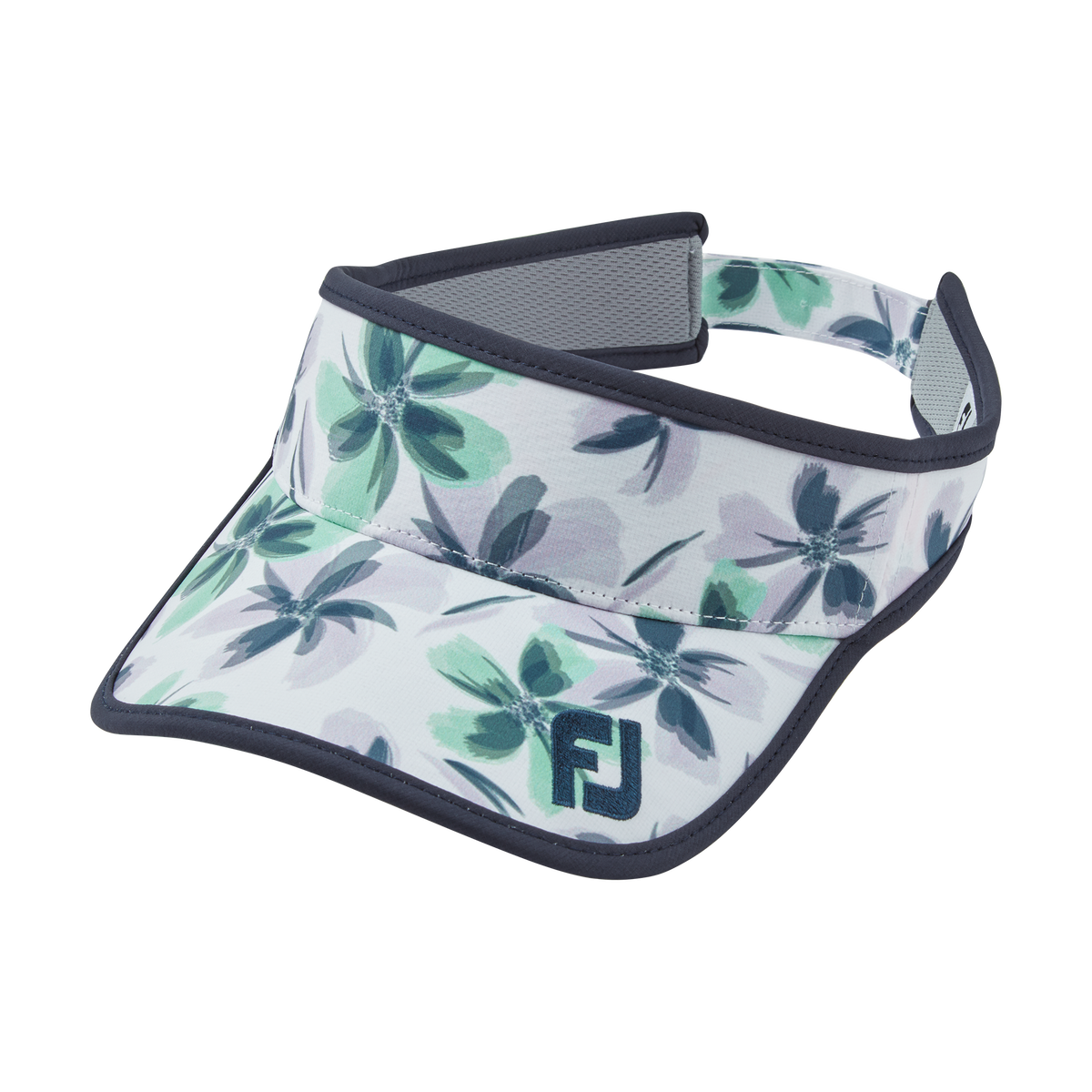Floral print visor with green and white flowers, black trim, footjoy logo.