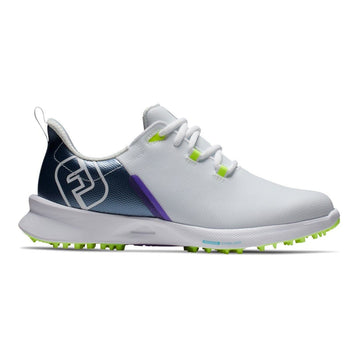 White and navy blue golf shoe with purple accents, green spikes, footjoy logo on side.