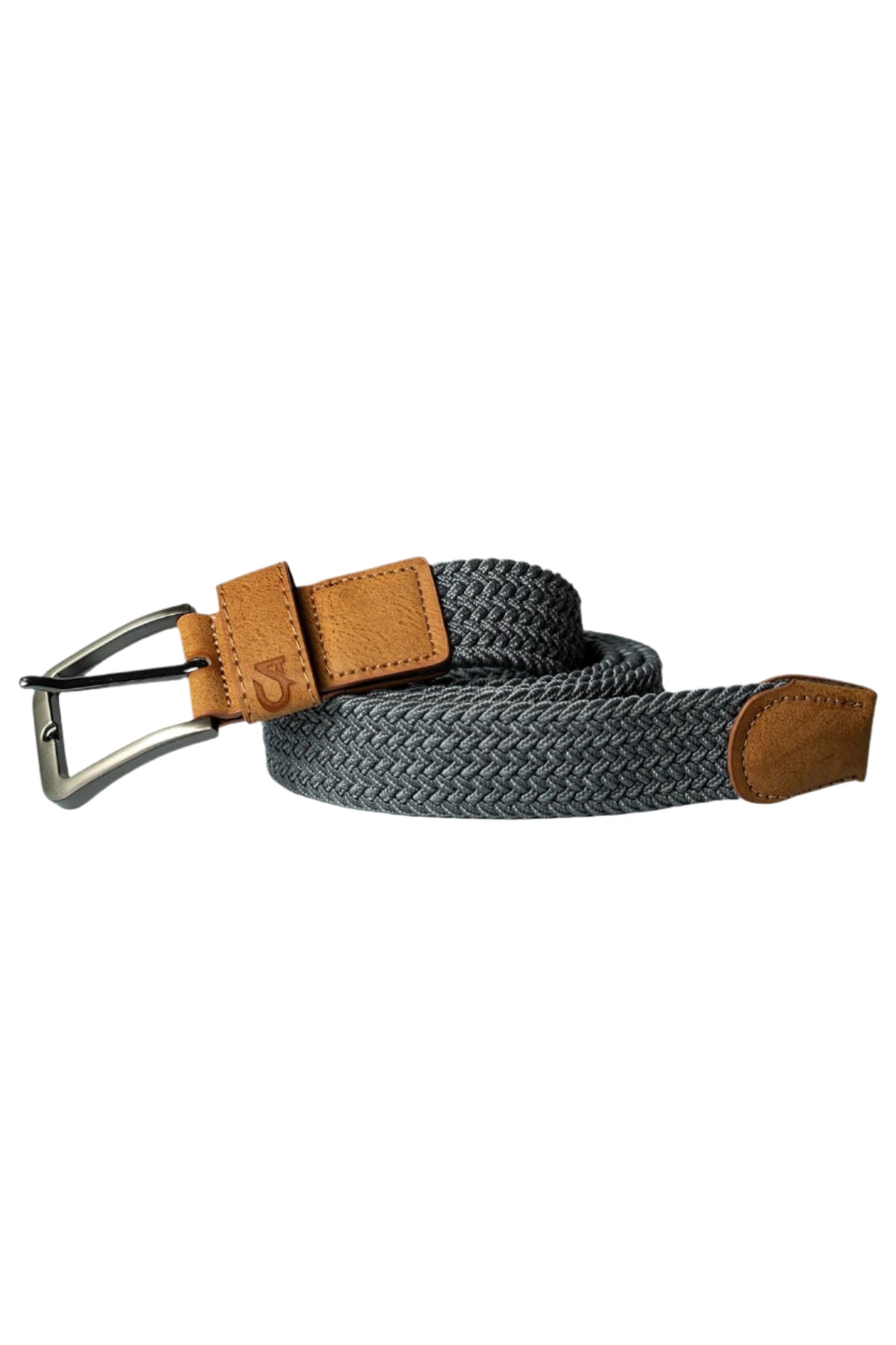 Gray woven belt with tan leather accents and silver buckle, inspired by prada’s classic style.