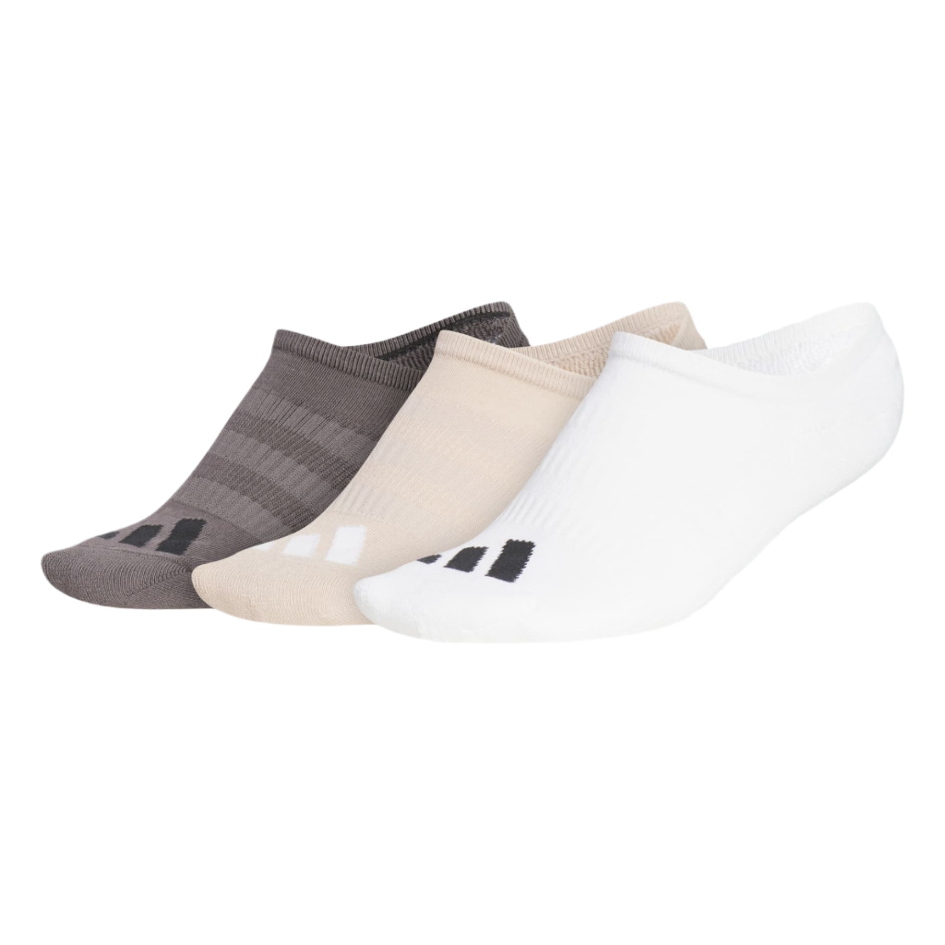 Adidas 3-pack no-show socks in white, beige, and gray.