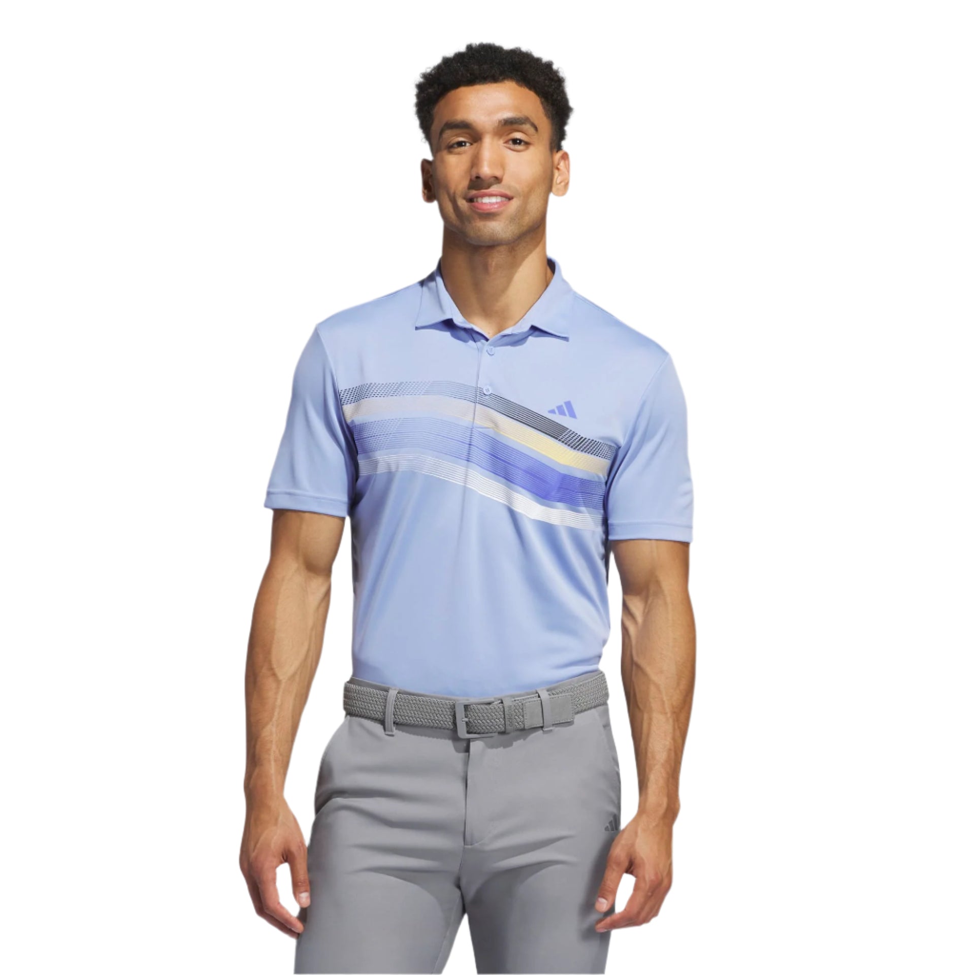 Adidas golf polo shirt with abstract design, light blue and white stripes.
