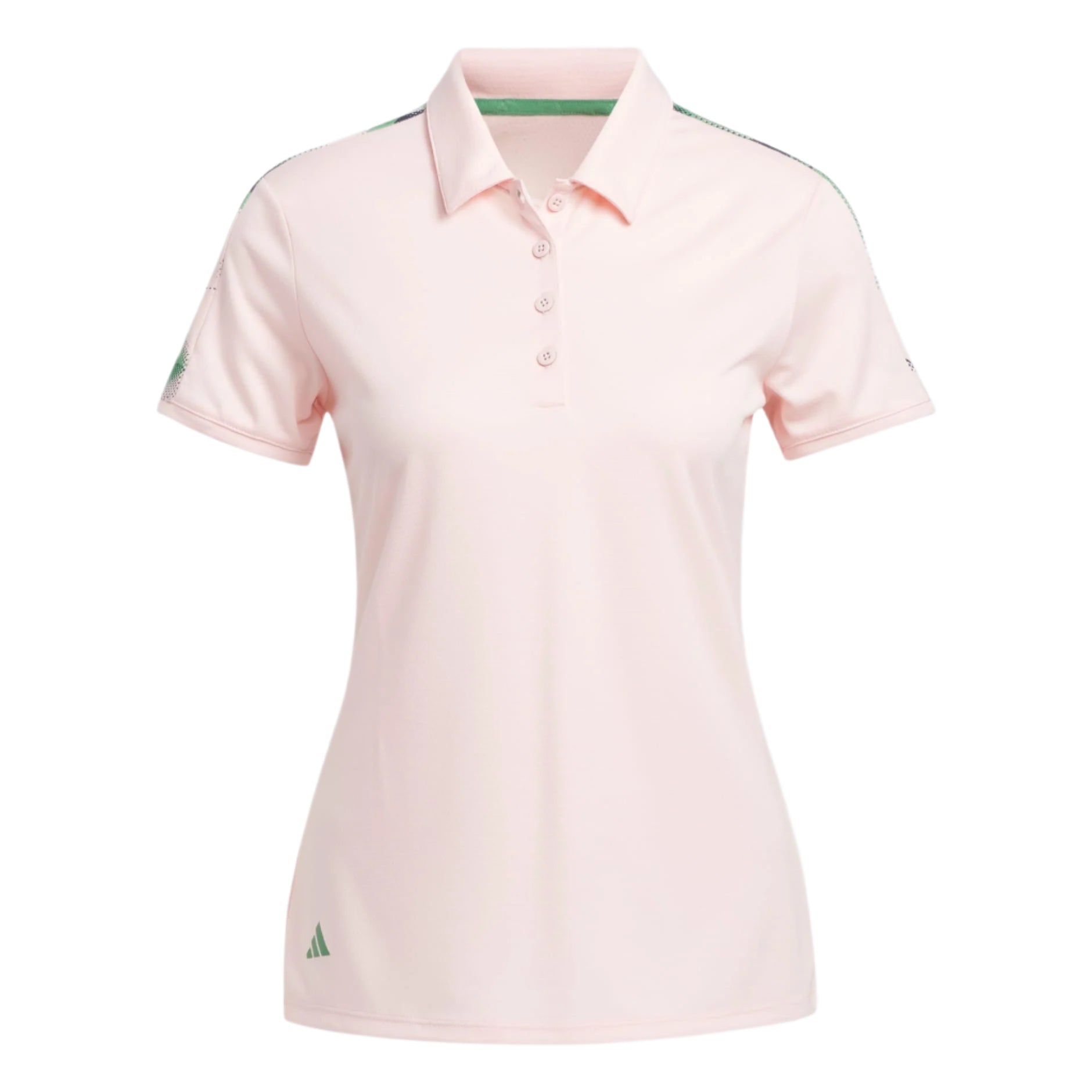 Adidas women’s light pink polo shirt with green stripes and logo.