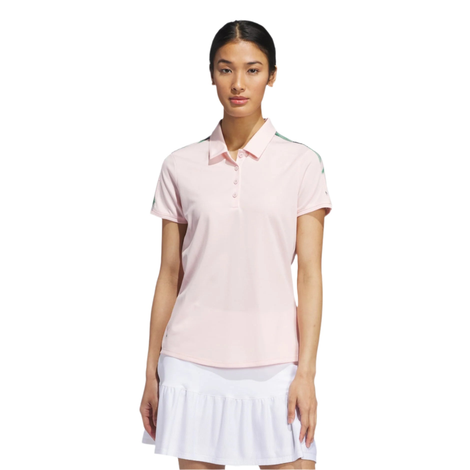 Light pink polo shirt with white stripes and logo, adidas brand.