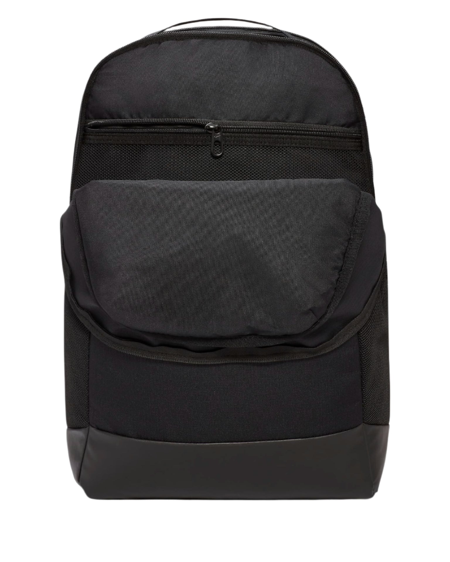 Black backpack with mesh pocket and zipper closure, likely made of nylon or polyester.