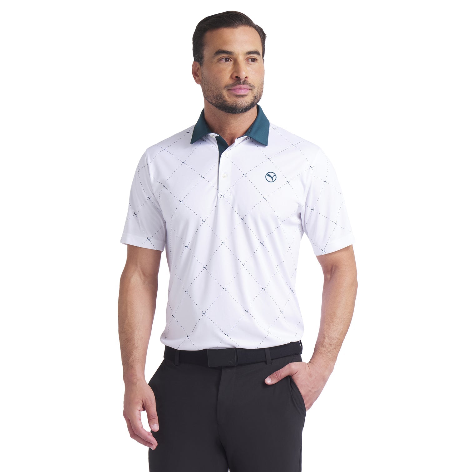 Puma მამაკაცის გოლფის მაისური | Pure 2.0 Argyle Polo | თეთრი ნათება/მწვანე რელიეფი