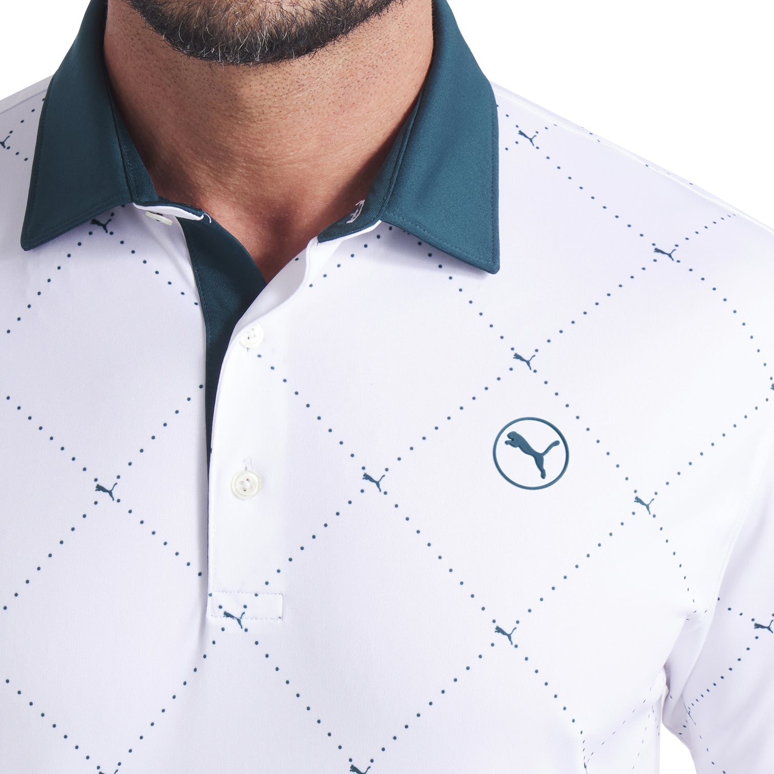 Puma მამაკაცის გოლფის მაისური | Pure 2.0 Argyle Polo | თეთრი ნათება/მწვანე რელიეფი