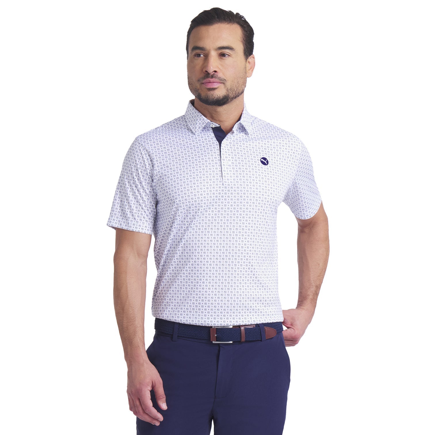 Puma-ს მამაკაცის გოლფის მაისური | Pure 2.0 Polo | Circle Cat | თეთრი ბზინვარება/მუქი ლურჯი