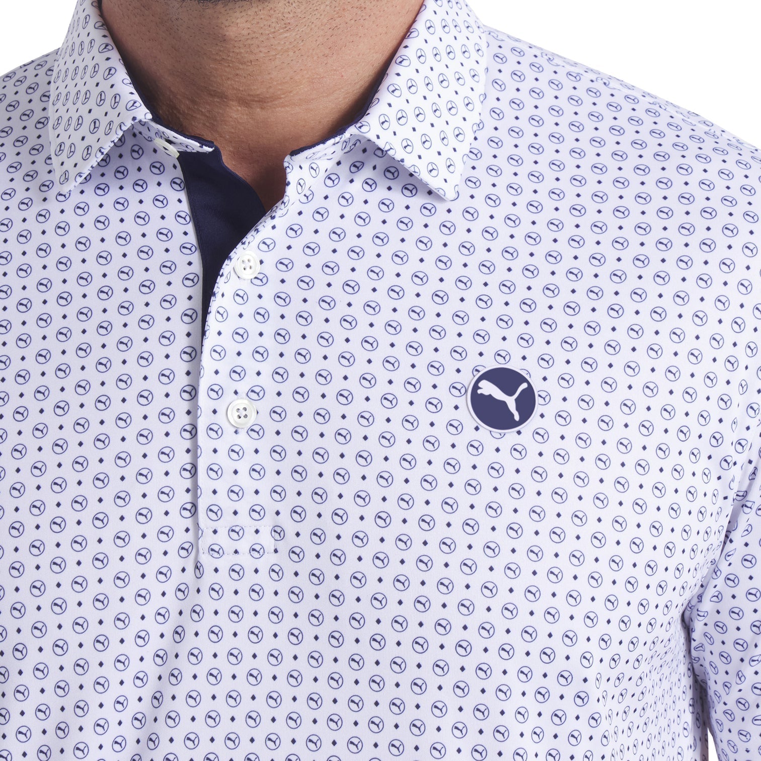 Puma-ს მამაკაცის გოლფის მაისური | Pure 2.0 Polo | Circle Cat | თეთრი ბზინვარება/მუქი ლურჯი