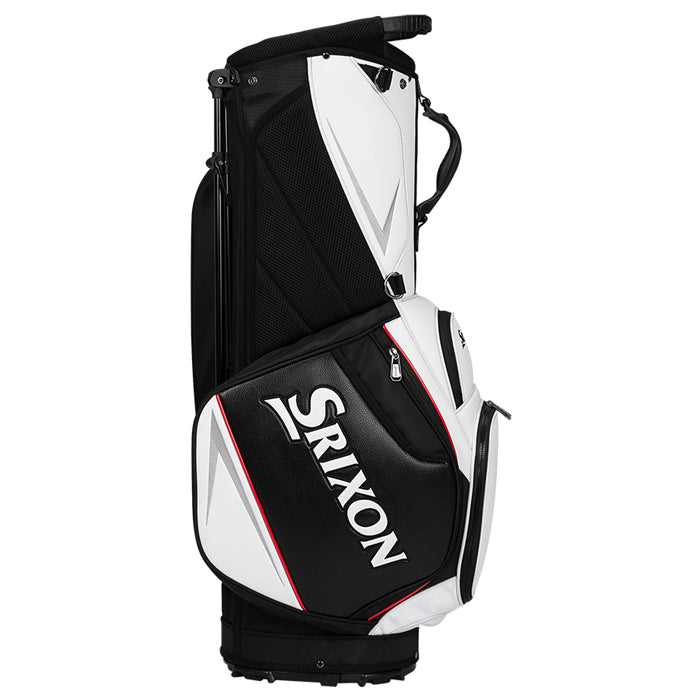 Srixon golf bag with black and white panels, red accents.