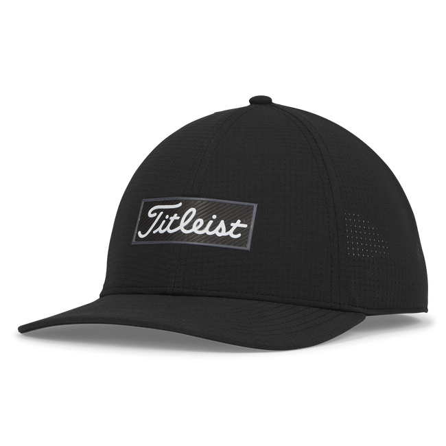 Black titleist golf cap with perforated vents and adjustable strap.