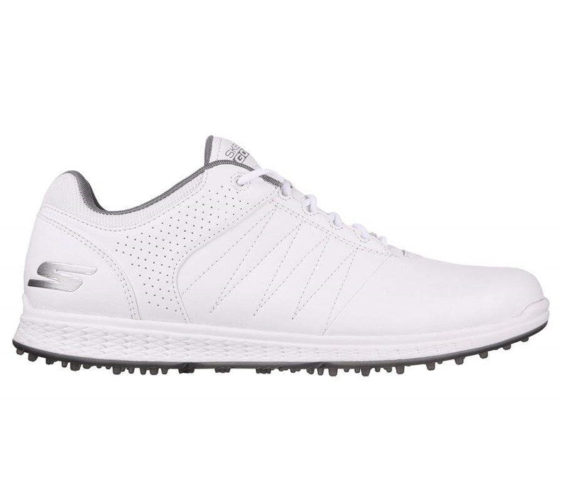 Skechers white golf shoe with perforated laces and textured sole.