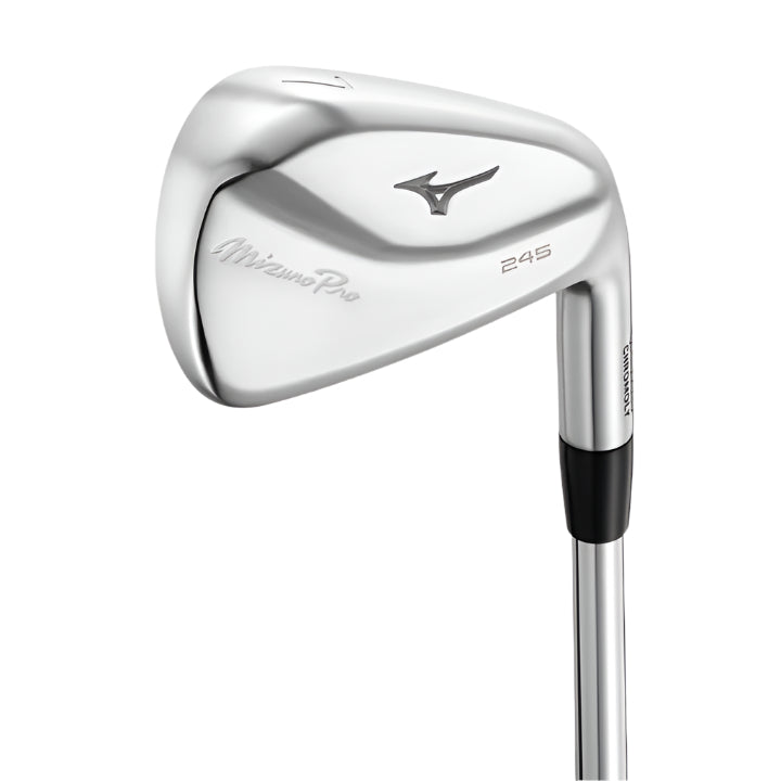 Silver mizuno pro golf wedge with black grip and 245 stamping on face.