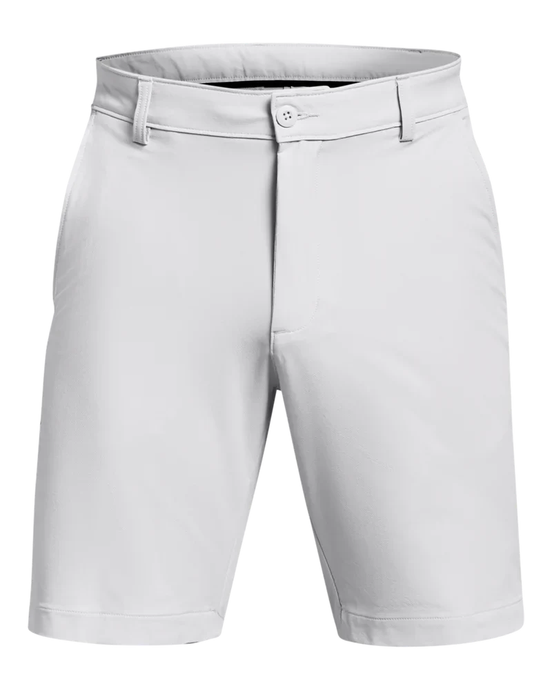 White golf shorts with a button and zipper closure, likely made of polyester or cotton blend.