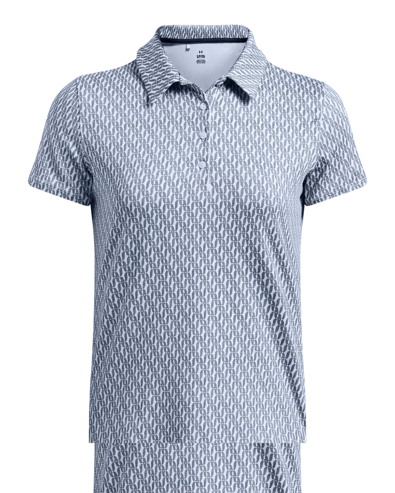 Blue and white monogram polo shirt with short sleeves.