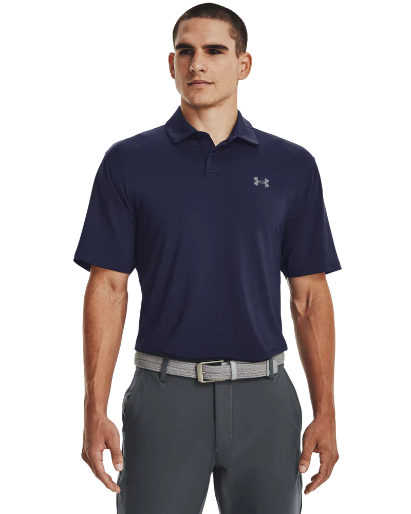 Under armour navy polo shirt with white logo.