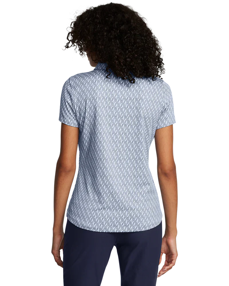 Blue and white patterned blouse with short sleeves.