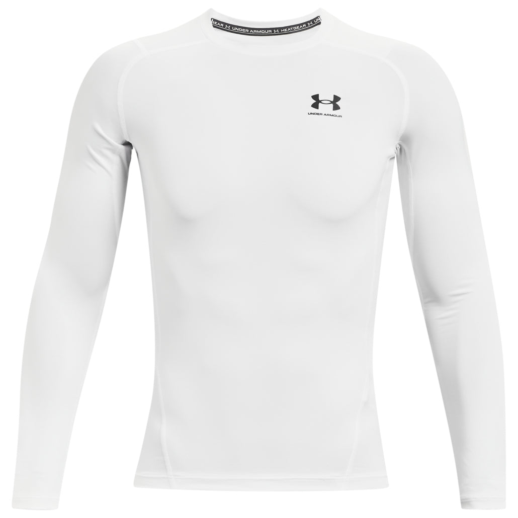 White under armour compression shirt with black logo and trim.