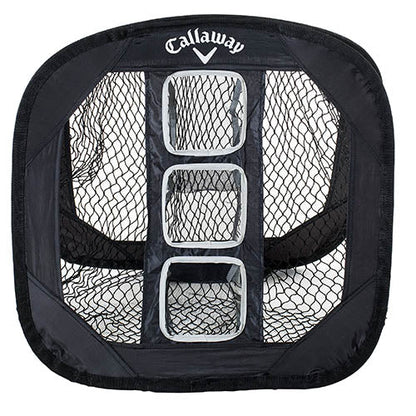 Black callaway golf net with white mesh and four square pockets.