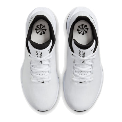 White nike golf shoes with black accents and laces.