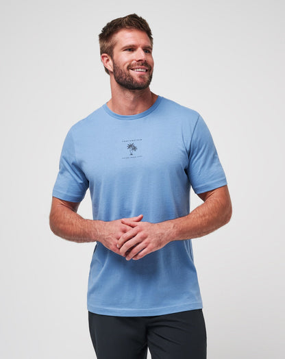 Blue t-shirt with palm tree design and text, likely made of cotton or polyester blend.