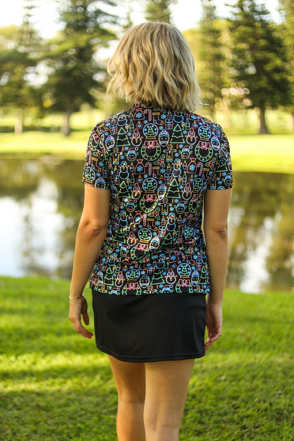 Custom Apparel Women's Funky Golf Shirt | Neon Light Christmas