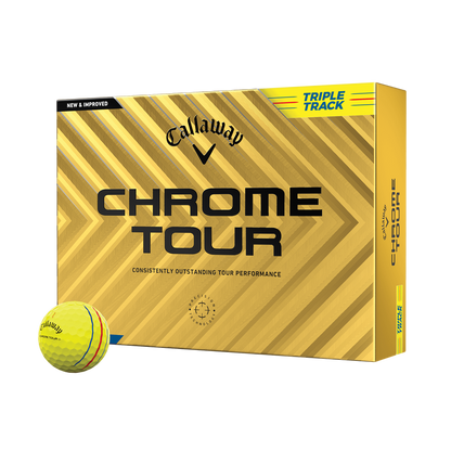 Callaway chrome tour golf balls, yellow with black and white accents.