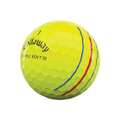 Yellow callaway erc soft golf ball with red and blue stripes.