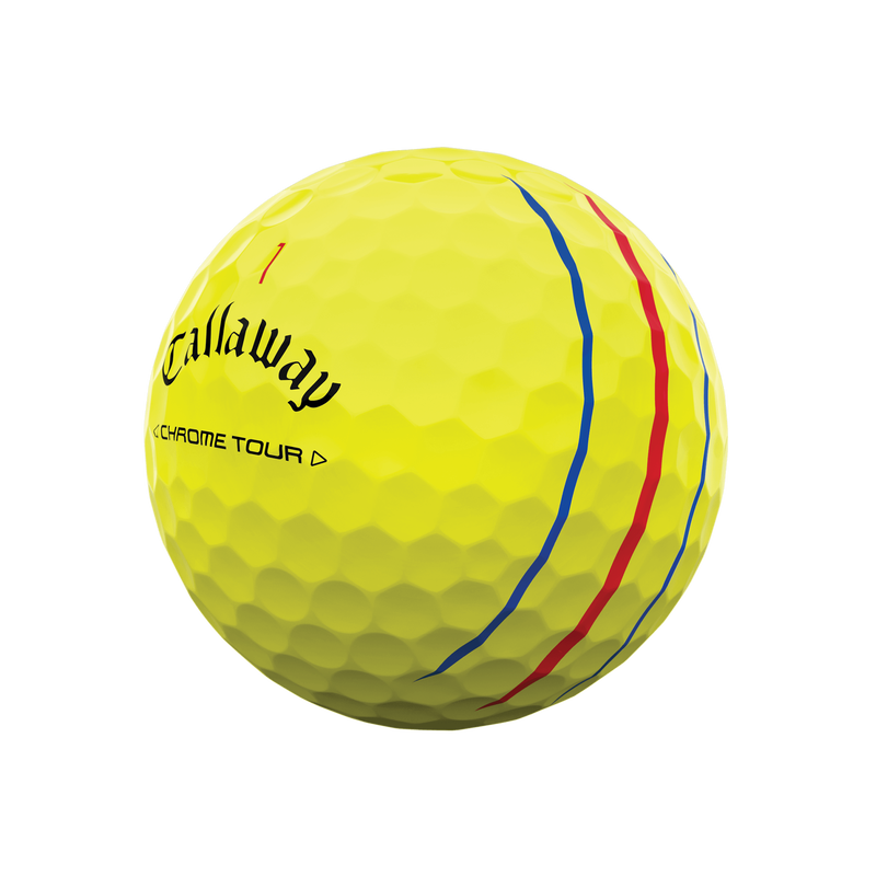 Yellow callaway chrome tour p golf ball with red and blue stripes.