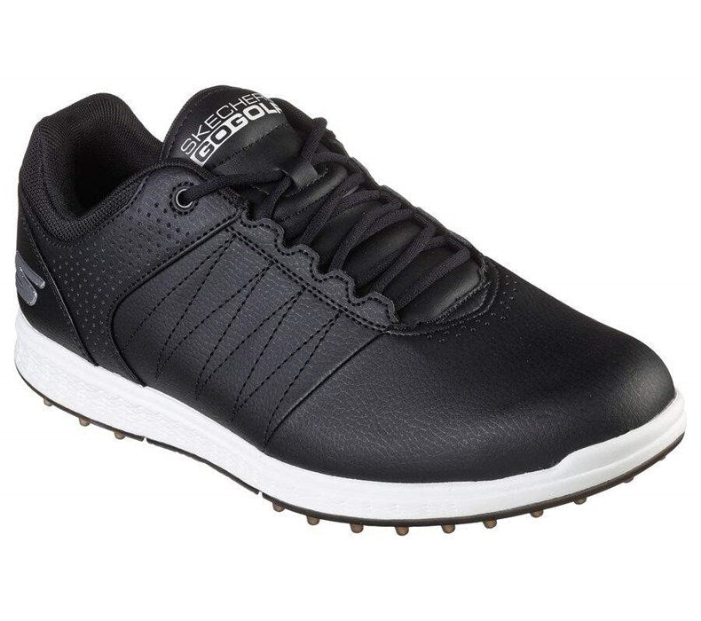 Skechers go golf black leather and synthetic material shoe with white outsole.