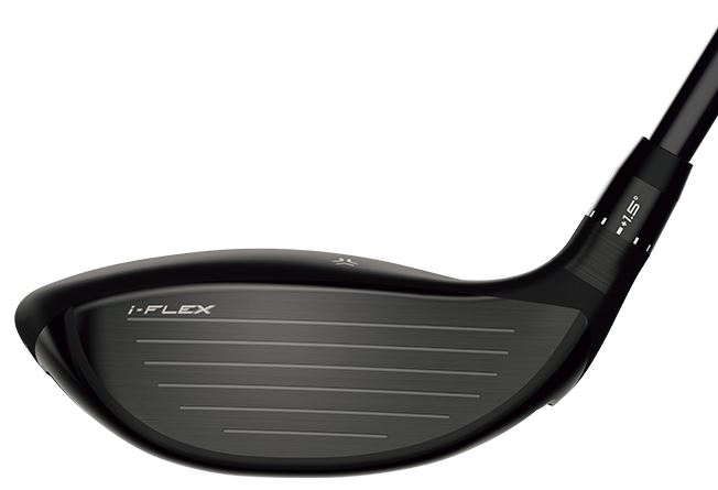 Black i-flex golf club head with white text and lines design