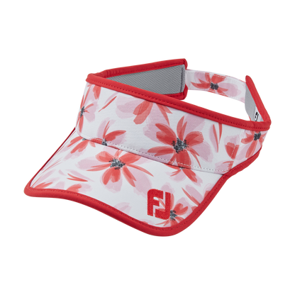 Footjoy floral golf visor with red trim and white background.