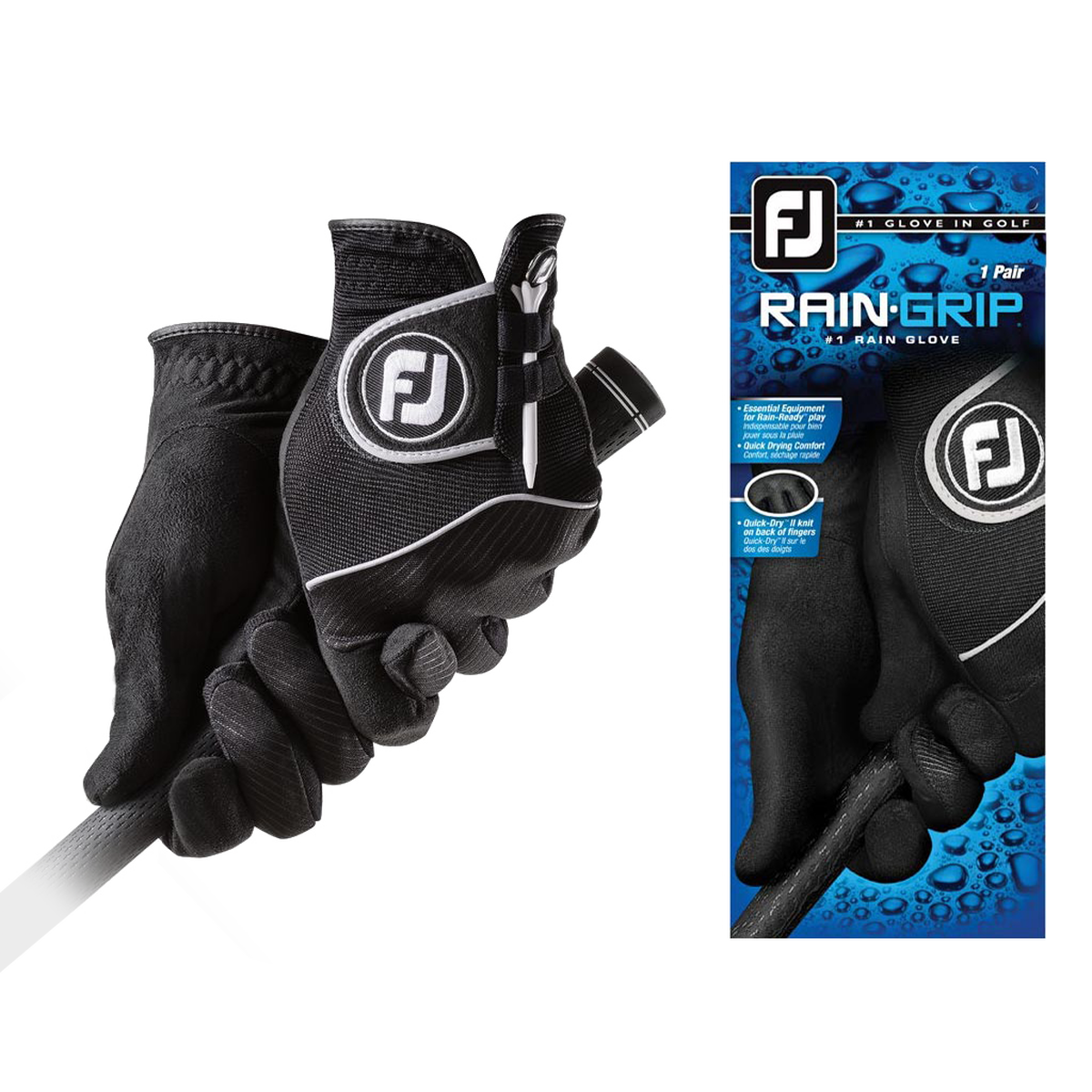 Footjoy rain grip golf glove in black with white logo and textured palm.