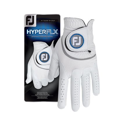White golf glove with blue and gray accents, footjoy hyperflx design.