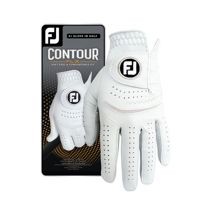 Footjoy contour flx golf glove, white leather with perforated palm and thumb for breathability.