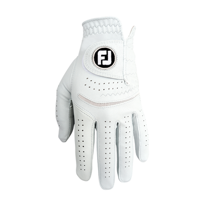 White golf glove with perforated palm and fj logo, made of leather.