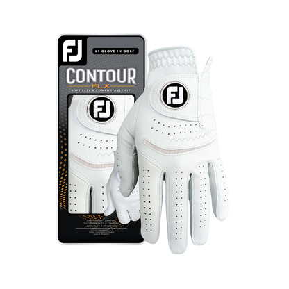 Footjoy contour flex golf glove, white leather with perforated palm and wrist strap.