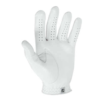White golf glove with perforated fingers and logo on wrist.