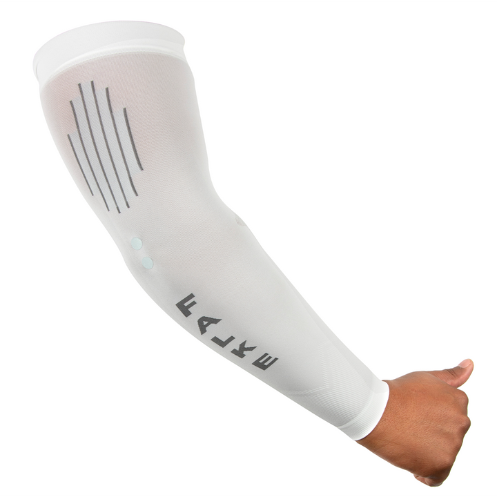 White compression arm sleeve with black text and lines design.