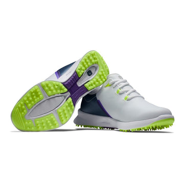 White and purple golf shoes with green soles, nike brand.