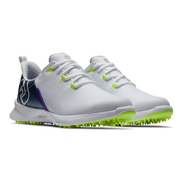 Footjoy pro sl golf shoe, white with neon green accents and purple details.