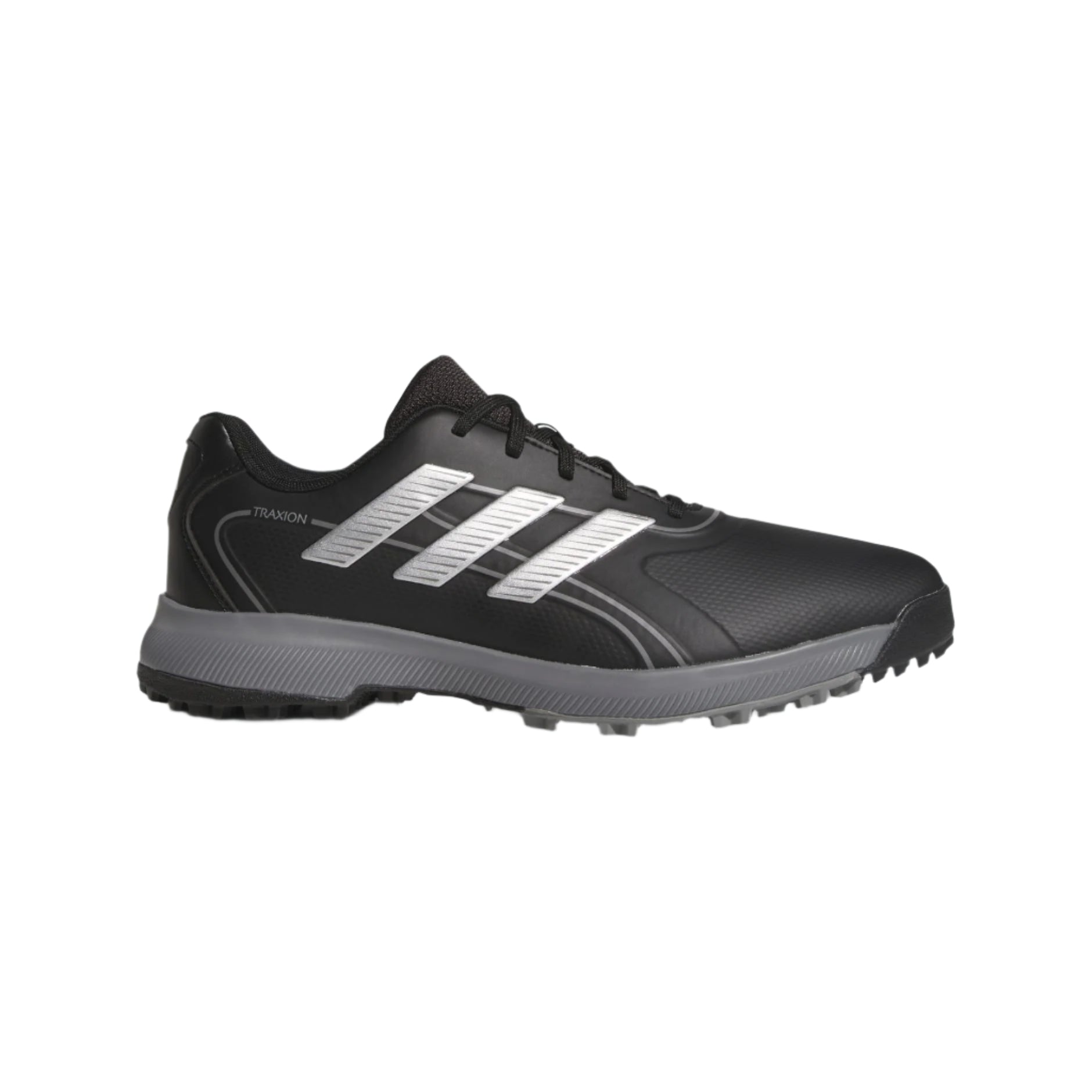 Adidas black and silver golf shoe with textured sole.