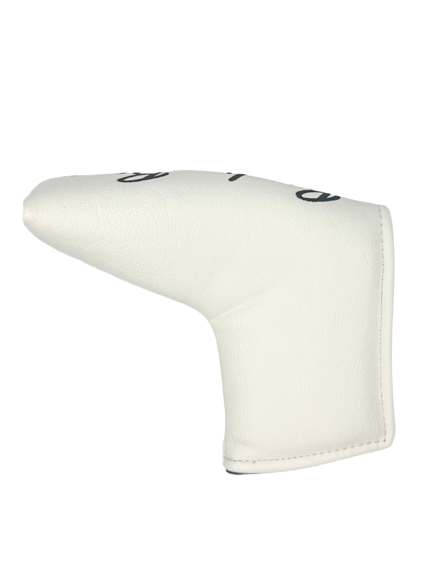 White golf club head cover with black lettering and a sleek design.