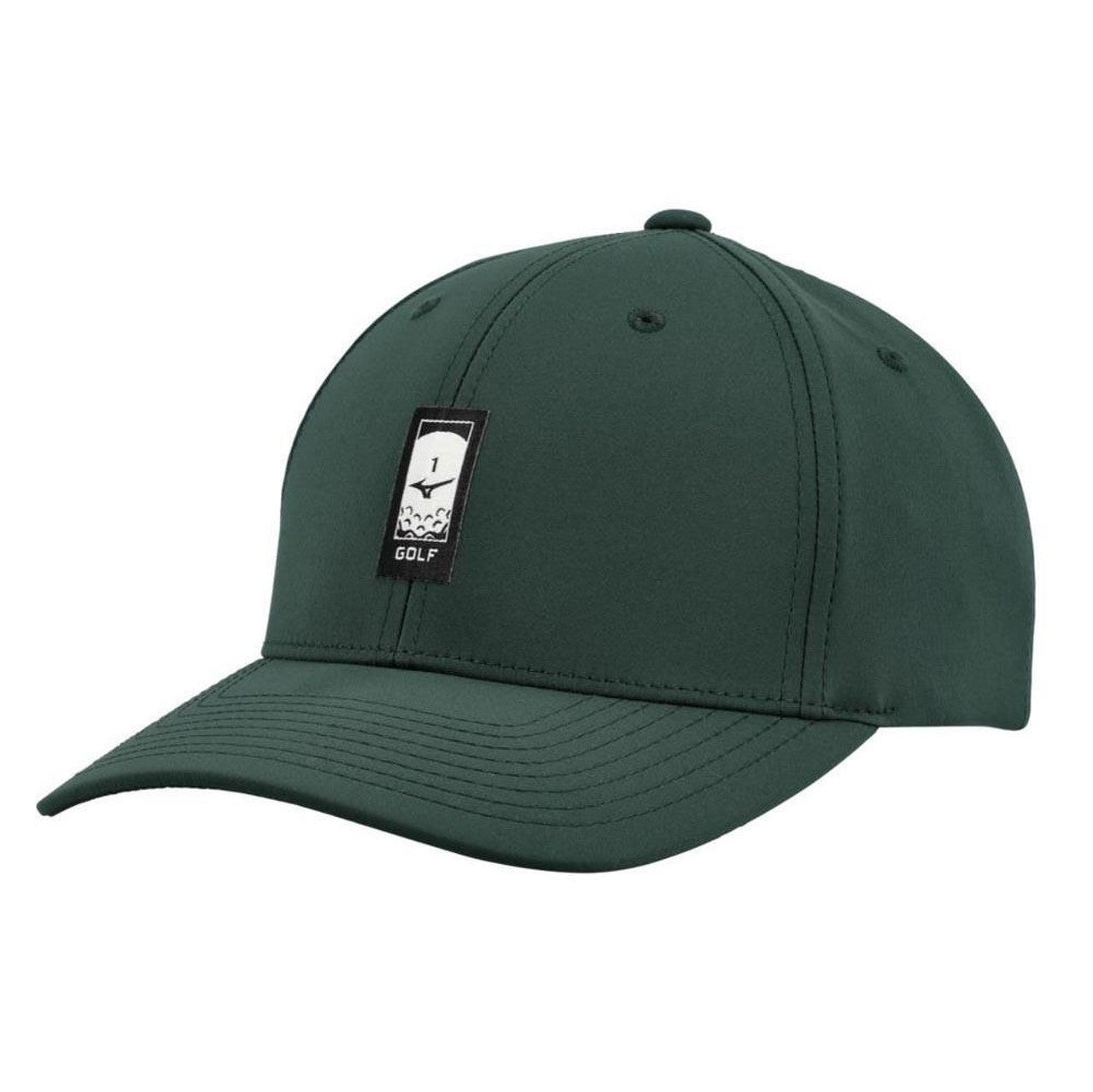 Green golf cap with adjustable strap and logo patch.