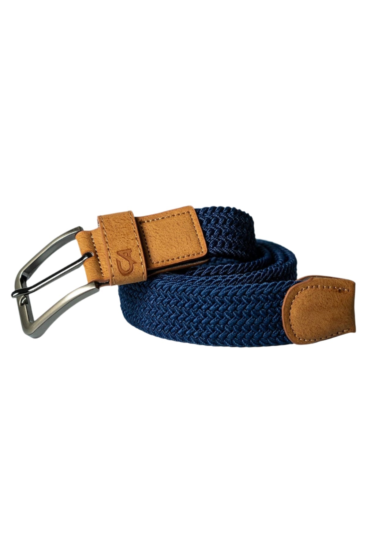 Navy blue woven belt with tan leather accents and silver buckle, inspired by tommy hilfiger’s classic style.